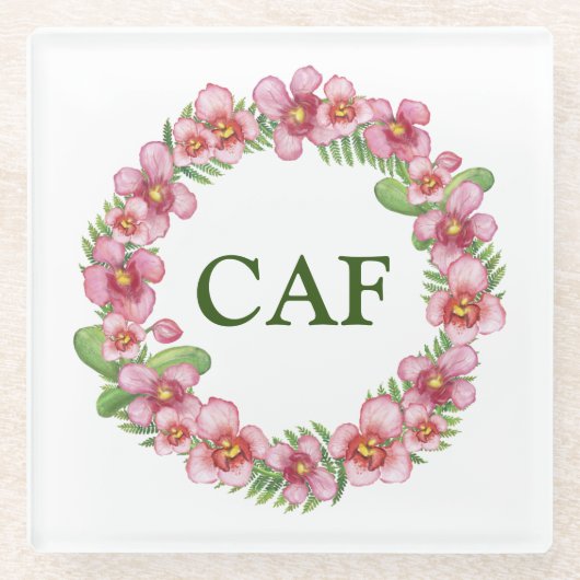 Geborduurde Roze Groene Bloemenkrans Glazen Onderzetter (Voorkant)