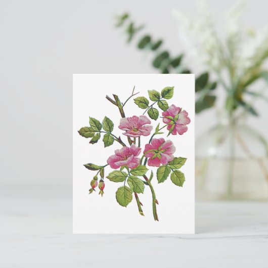 Geborduurde roze Oudengelse Rozen Briefkaart (Staand voorkant)