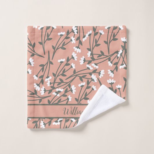Geborduurde Roze Wit Groen Bloem Bad Handdoek (Wasdoekje)