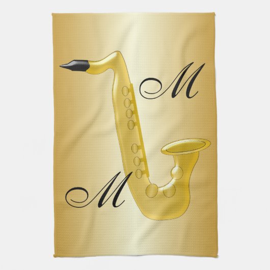 Geborduurde Saxofoon Goud Kleur Theedoek (Verticaal)
