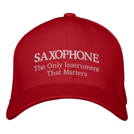 Geborduurde saxofoon Pet met slogan (Voorkant)