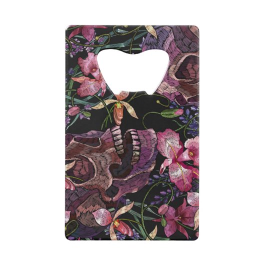 Geborduurde schedel: Gotisch Orchidee Patroon Creditkaart Flessenopener (Voorkant)