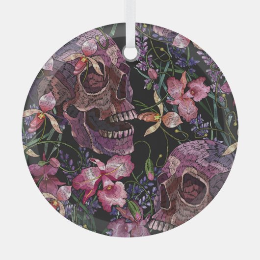 Geborduurde schedel: Gotisch Orchidee Patroon Glas Ornament (Voorkant)