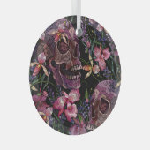 Geborduurde schedel: Gotisch Orchidee Patroon Glas Ornament (Voorkant Rechts)