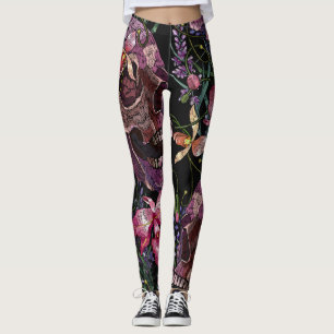 Geborduurde schedel: Gotisch Orchidee Patroon Leggings