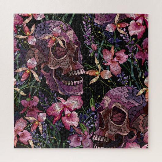 Geborduurde schedel: Gotisch Orchidee Patroon Legpuzzel (Verticaal)