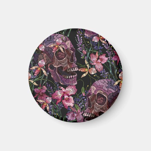 Geborduurde schedel: Gotisch Orchidee Patroon Magneet (Voorkant)