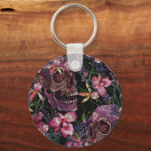 Geborduurde schedel: Gotisch Orchidee Patroon Sleutelhanger (Voorkant)
