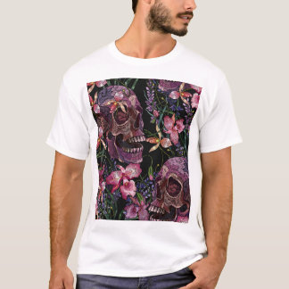 Geborduurde schedel: Gotisch Orchidee Patroon T-shirt