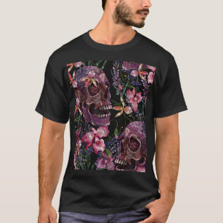 Geborduurde schedel: Gotisch Orchidee Patroon T-shirt