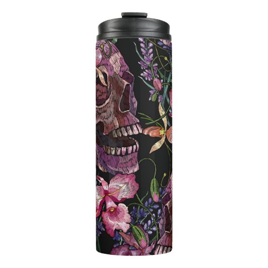 Geborduurde schedel: Gotisch Orchidee Patroon Thermosbeker (Voorkant)