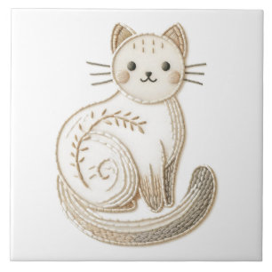 Geborduurde Stijl Neutraal Boho Kitty Cat Art Tegeltje