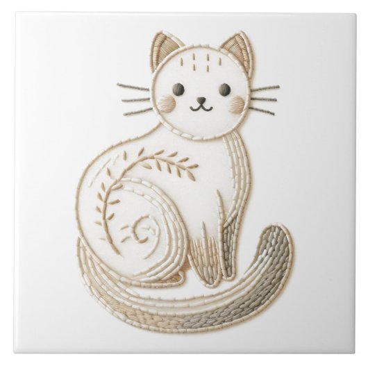 Geborduurde Stijl Neutraal Boho Kitty Cat Art Tegeltje (Voorkant)