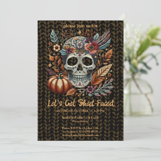Geborduurde Sugar Skull Herfst Flowers Pastel Goth Kaart (Staand voorkant)