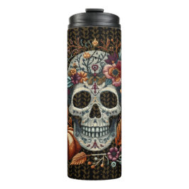 Geborduurde Sugar Skull Herfst Flowers Pastel Goth Thermosbeker