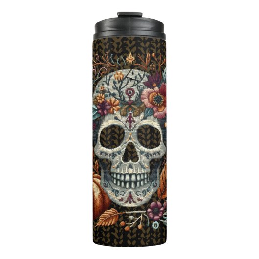 Geborduurde Sugar Skull Herfst Flowers Pastel Goth Thermosbeker (Voorkant)