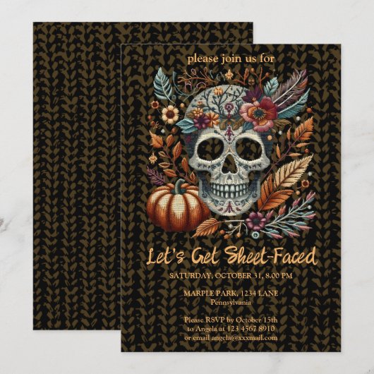 Geborduurde Suiker Schedel Herfst Bloemen Pastel G Kaart (Voorkant / Achterkant)