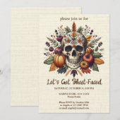 Geborduurde suikerschedel herfstbloemen pastel got kaart (Voorkant / Achterkant)