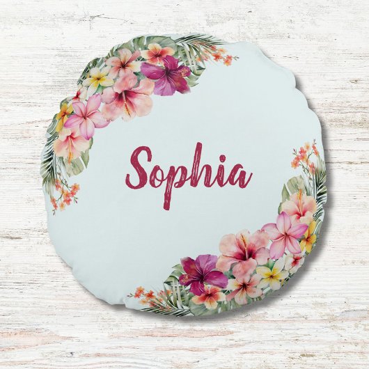 Geborduurde tropische roze bloemen bloemmotief bot rond kussen