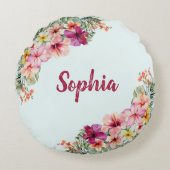 Geborduurde tropische roze bloemen bloemmotief bot rond kussen (Voorkant)