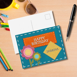 Geborduurde turquoise stof bloem Gelukkig Verjaard Briefkaart