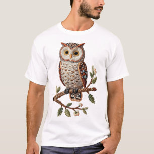 Geborduurde uil op tak Rustic natuur kunst ontwerp T-shirt
