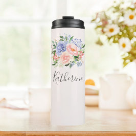 Geborduurde Waterverf Blauw Roze Lente Bloemen Thermosbeker