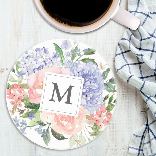 Geborduurde Waterverf Blauw Roze Lente Bloemen Zandsteen Onderzetter