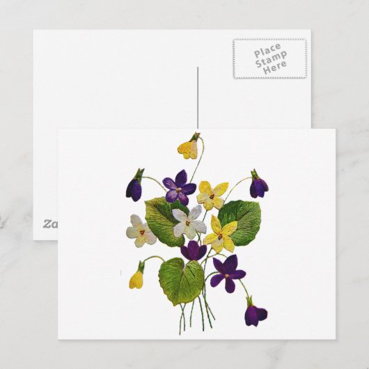 Geborduurde witte, gele en Paarse viooltjes Briefkaart (Voorkant / Achterkant)