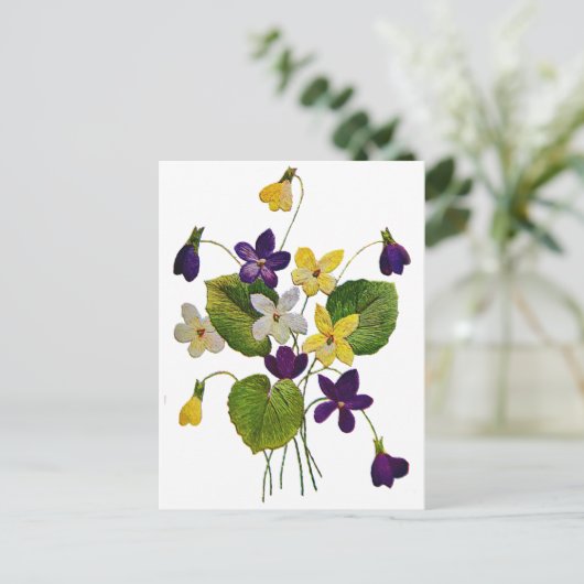 Geborduurde witte, gele en Paarse viooltjes Briefkaart (Staand voorkant)