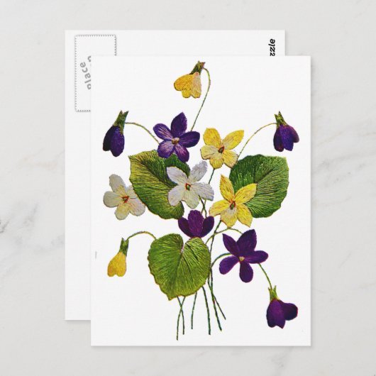 Geborduurde witte, gele en Paarse viooltjes Briefkaart (Voorkant / Achterkant)