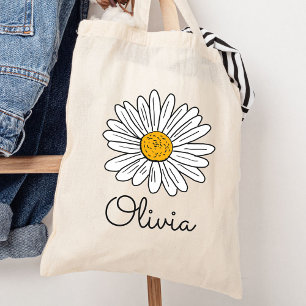 Geborduurde Witte Madelief Bloem Tote Bag