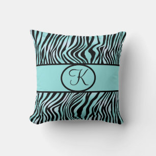 Geborduurde zebraprint in turkoois aqua zwart kussen