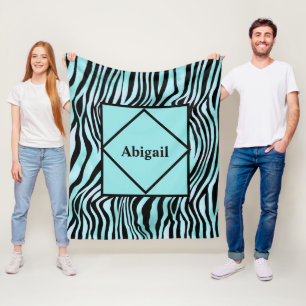 Geborduurde zebraprint zwart en turquoise  fleece deken