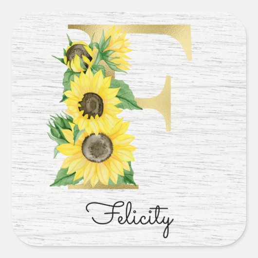 Geborduurde zonnebloem bloemrijke initiaal F Vierkante Sticker (Voorkant)