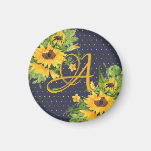 Geborduurde zonnebloemen Navyblauw Geel Decor Magneet