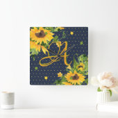 Geborduurde zonnebloemen Navyblauw Geel Decor Vierkante Klok (Huis)