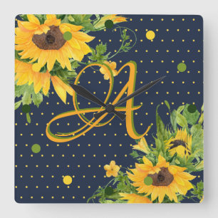 Geborduurde zonnebloemen Navyblauw Geel Decor Vierkante Klok