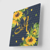 Geborduurde zonnebloemen Navyblauw Geel Decor Vierkante Klok (Hoek)