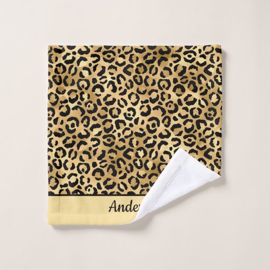 Geborduurde zwarte en gouden luipaardprint cheeta bad handdoek (Wasdoekje)