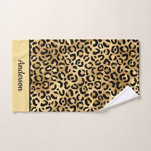 Geborduurde zwarte en gouden luipaardprint cheeta  bad handdoek (Handdoek)