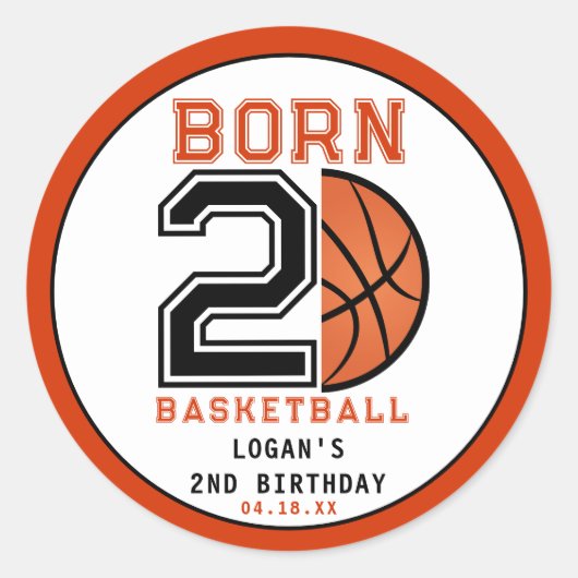 Geboren 2 Ball Basketbal 2e Verjaardag Party Ronde Sticker (Voorkant)