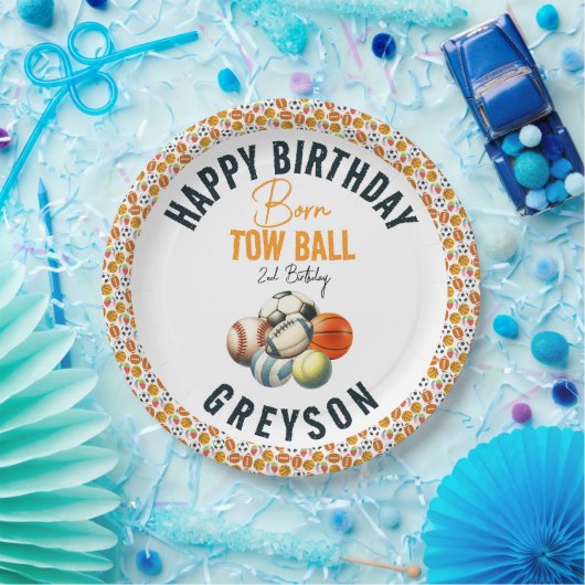 Geboren 2 Ball Sport Theme Jongen 2e Verjaardagsfe Papieren Bordje (Feest)