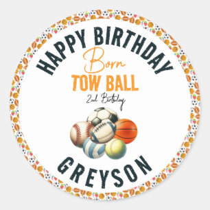 Geboren 2 Ball Sport Theme Jongen 2e Verjaardagsfe Ronde Sticker