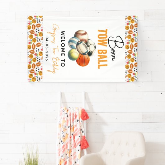 Geboren 2 Ball Sport Theme Jongen 2e Verjaardagsfe Spandoek (Insitu)