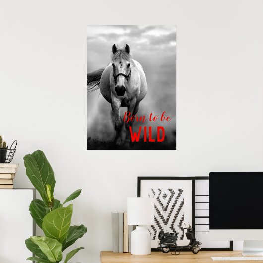 Geboren als Wild Black en White Running Horse Poster (Thuiskantoor)