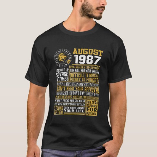 Geboren augustus Leo 1987 33e verjaardag cadeaushi T-shirt (Voorkant)