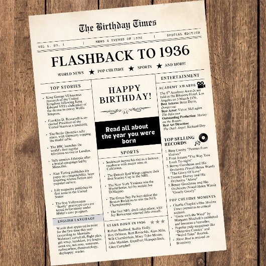 Geboren in 1936 Mock Newspaper sepia