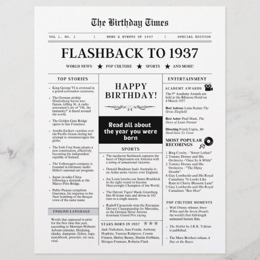 Geboren in 1937 Fun Newspaper zwart en wit (Voorkant)