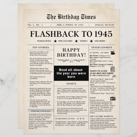 Geboren in 1945 Mock Krant sepia (Voorkant / Achterkant)